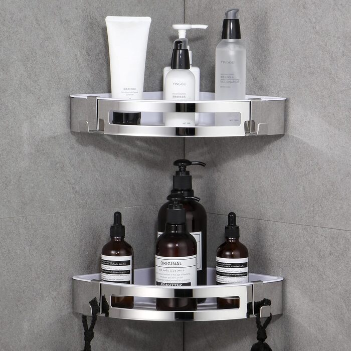 DUFU Shower Shelf Corner Shelf No Drilling for Bathroom Self-Adhesive Wall Mount SUS304 Stainless Steel and ABS Shower Shelf Corner Shower Basket Shower Shelves with 2 Hooks for Bathroom Organizer Corner Shelf 2 Pieces Silver