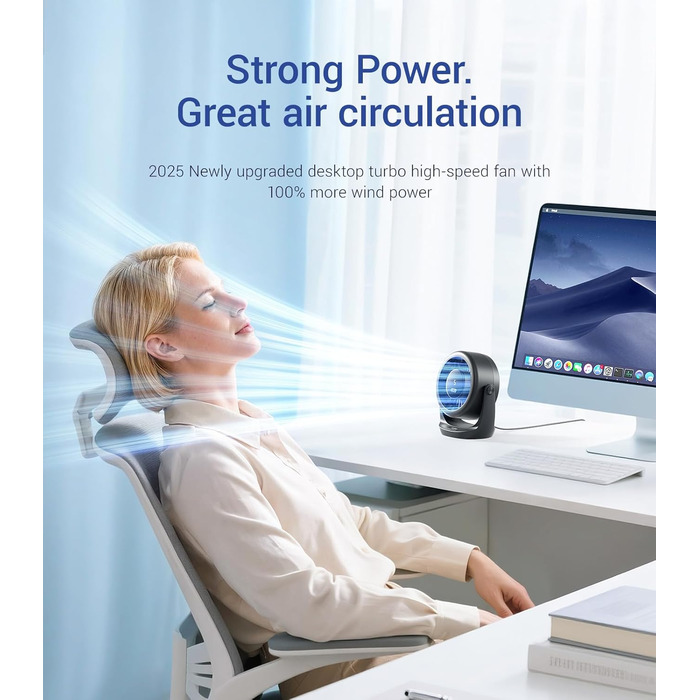 USB Turbo вентилятор для столу Diveblues TurboBreeze Klassisch: тихий, потужний, з LED-дисплеєм, 5 швидкостей, 360° обертання, портативний для дому, офісу та відпочинку – чорний