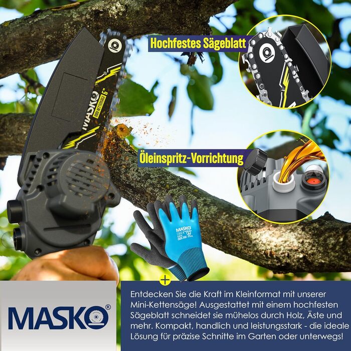 MASKO® Міні акумуляторна бензопила 800W, 6 дюймів, 8000mAh | Електрична пила з автоматичною подачею оливи | Ручна бензопила для обрізки гілок та деревини | У комплекті кейс, 2x акумулятори 4000mAh та 2 запасні ланцюги 6 дюймів, чорний/антрацит