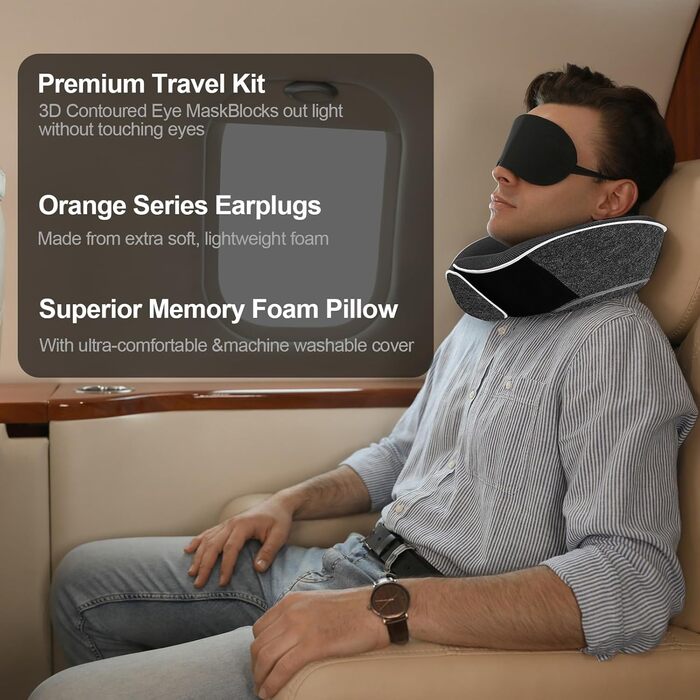 Подушка для шиї з піною Memory Foam, комплект з маскою для очей, навушниками та чохлом, ергономічна, для подорожей (темно-сіра)