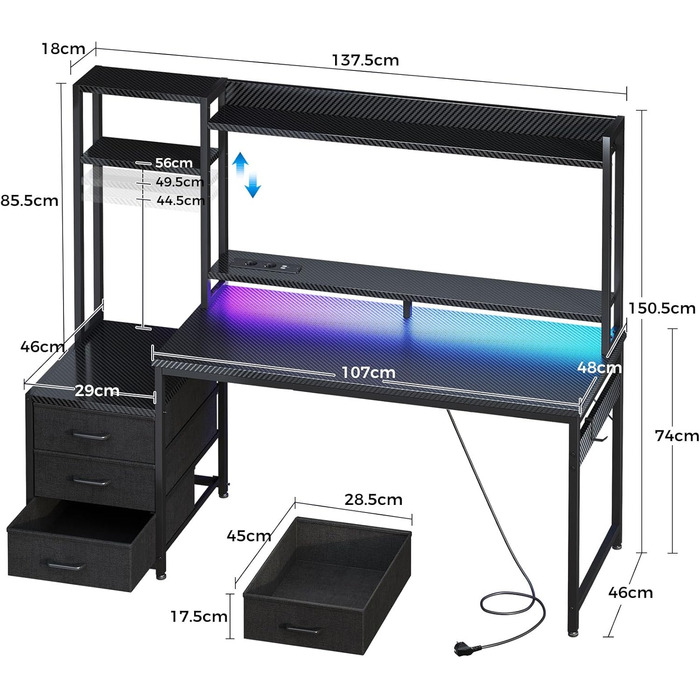 Ігровий стіл Coleshome з полицею та шухлядами, 137x48 см. Стіл для геймінгу з LED-підсвічуванням та розеткою, комп'ютерний стіл з полицями та підставкою для монітора, карбонове волокно, чорний колір