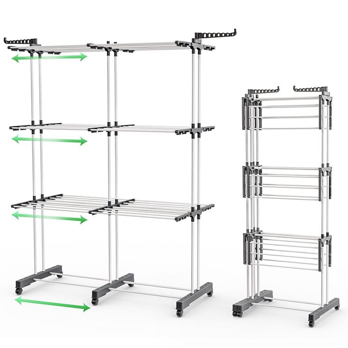 VOUNOT® Сушарка для білизни Турбо, висувна, компактна, для дому та вулиці, з розкладними крилами, телескопічною штангою та 6 роликами, 40м довжини сушіння, 3 яруси, біла