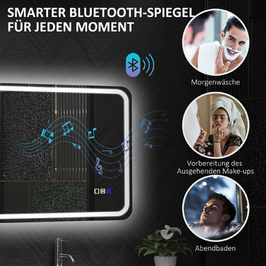 Дзеркало для ванної кімнати HOMCOM з підсвіткою 50x70 см, LED, Bluetooth, сенсорне управління, функція пам'яті, антизапітніюче, 3 кольори світла, срібляне