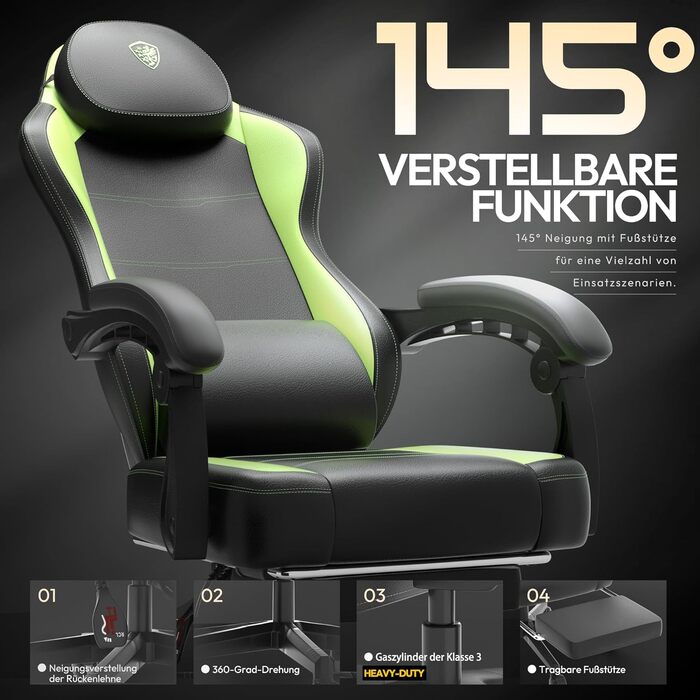 Ігровий крісло Dowinx з PU-шкіри, ергономічний дизайн, масаж, підтримка попереку, до 150 кг, світло-зелений