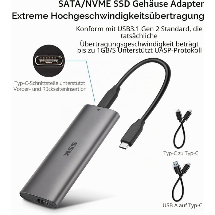 Зовнішній корпус для SSD SSK M.2 NVMe та SATA, адаптер USB 3.2 Gen 2 10Gbps, сірий