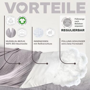 Подушка для вагітних та годування Sei Design XXL 190x35 см, мусліновий чохол (Taupe), ергономічна, з органічної бавовни