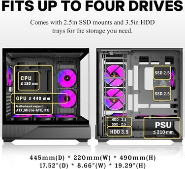 Ігровий корпус для ПК ANSAITE ATX Mid-Tower, 6 ARGB PWM вентиляторів, панорамне загартоване скло, USB Type-C, підтримка радіатора 360мм, чорний/фіолетовий
