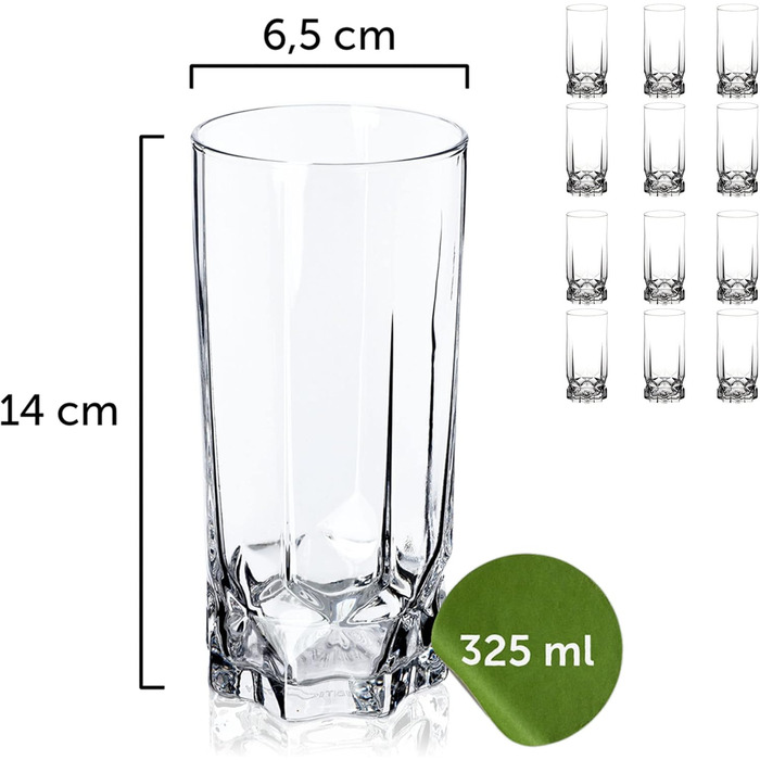KADAX Drinking Glasses Set of 12, made of high-quality glass, water glasses, thick-walled juice glasses, ribbed glasses for water, drinks, juice, party, cocktail glasses, beverage glasses (Set of 12, 325ml tall)