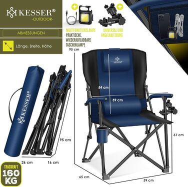 Крісло для кемпінгу KESSER® з високою спинкою, 160 кг, з підлокітниками, тримачем для напоїв та світлом, Navy Blue/Black