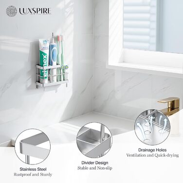 Тримач для зубних щіток Luxspire, нержавіюча сталь, електричний, настінний без свердління, з дренажними отворами для органайзера пасти, 6 відділень (матова срібляста)