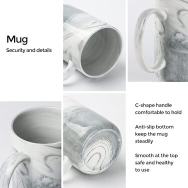 Smilatte Unique Coffee Cups, M068, Marble-Ceramic Cup with Large Handle, for Home and Office, Microwave-Safe, Set of 4, Gray