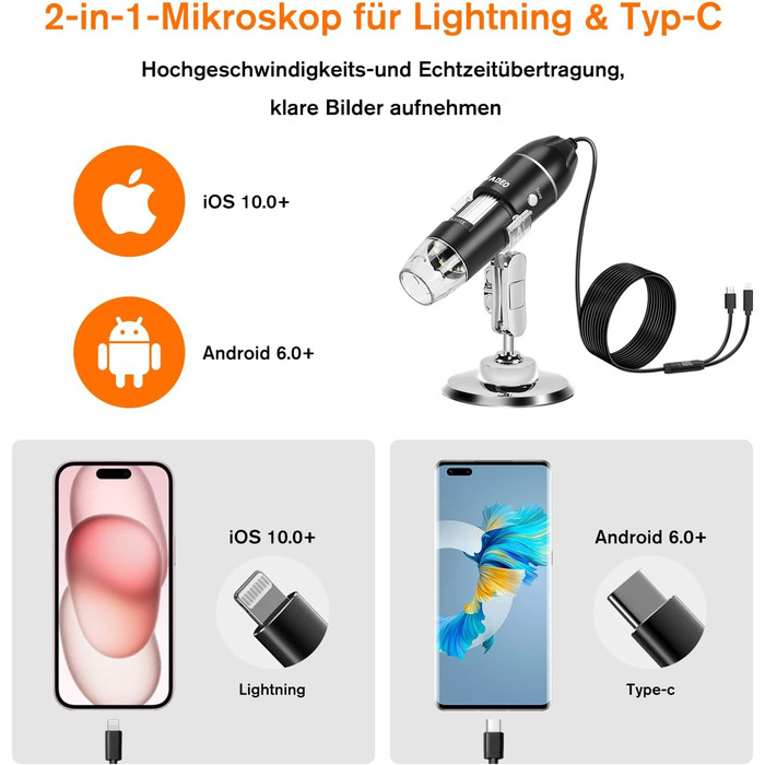 Цифровий мікроскоп WADEO 1440P HD з 50x-1600x збільшенням, USB, 8 LED, для iOS/Android, з підставкою
