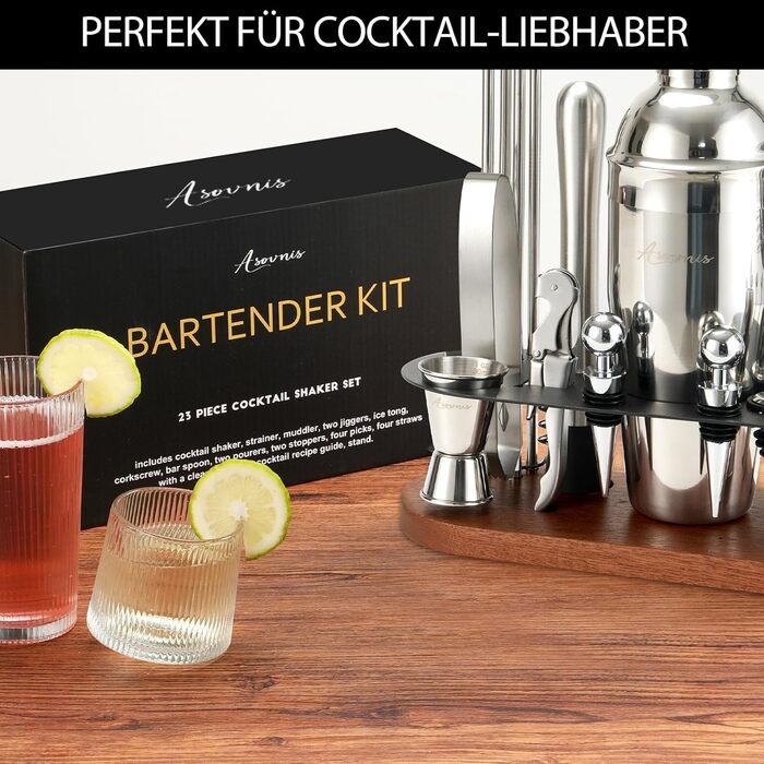 Набір бармена на 23 деталі з підставкою | Набір шейкерів для коктейлів з інструментами: шейкер Мартіні, сито, ложка, мадлер, для дому, бару, вечірки (колір коричневий)