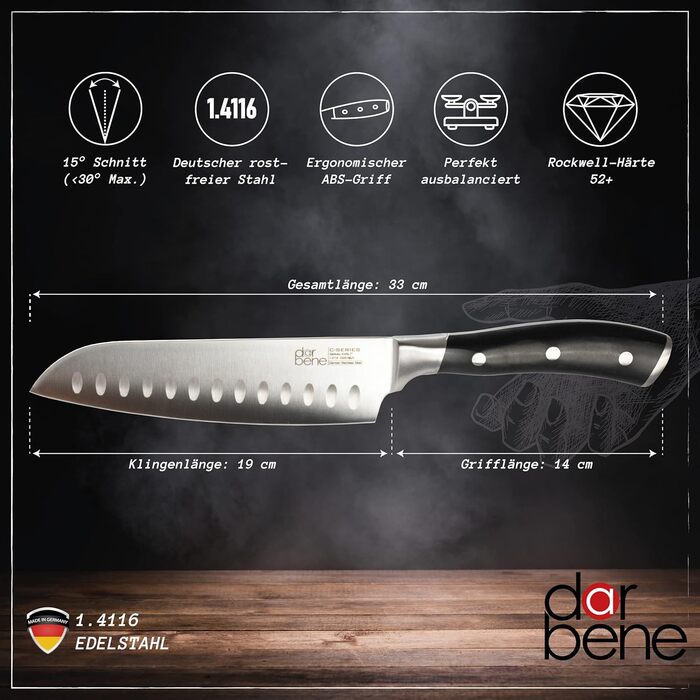 Набір кухонних ножів DarBene Santoku P-Series (C-2) - 18 см, професійний, з нержавіючої сталі, ергономічна ручка, для дому та ресторанів