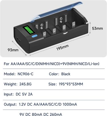 Зарядний пристрій для акумуляторів Universal для AA/AAA/SC/C/D/9V NI-Mh/NI-CD та 9V Li-ion з функцією розряду та LCD-дисплеєм, швидка зарядка