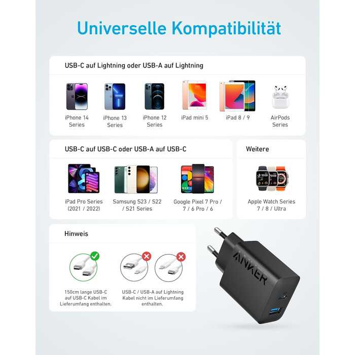 Зарядний пристрій Anker 20W USB-C, адаптер живлення для iPad, швидка зарядка, сумісний з iPhone 17/16/15, кабель USB-C (150см), чорний