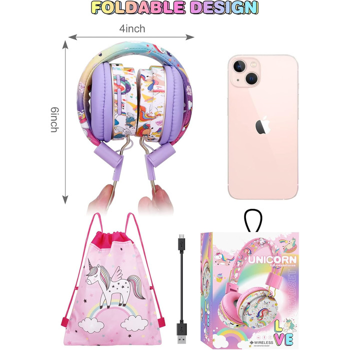 Дитячі навушники JYPS для школи та планшета (3-10 років), бездротові, з мікрофоном, фіолетові