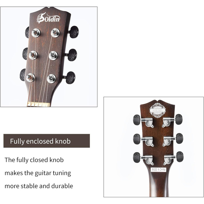 Акустична гітара Soldin 40 дюймів з масивною кришкою з ялини, комплект з аксесуарами (Gigbag, підставка, тюнер, ремінь, каподастр, струни, серветка, медіатори)