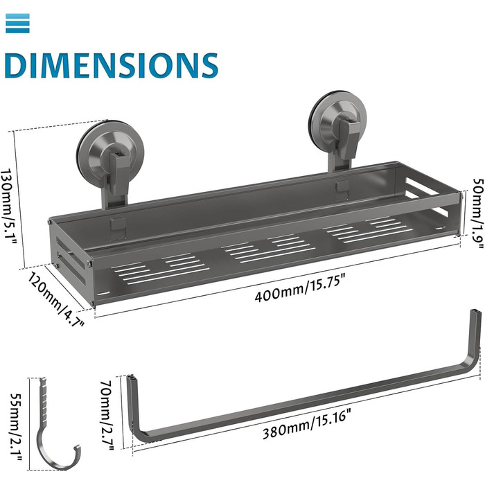 Поличка для душу Onemake з присосками, регульована, з гачками, органайзер для ванної кімнати з тримачем для рушників, матовий чорний (40 см, 1 шт.)