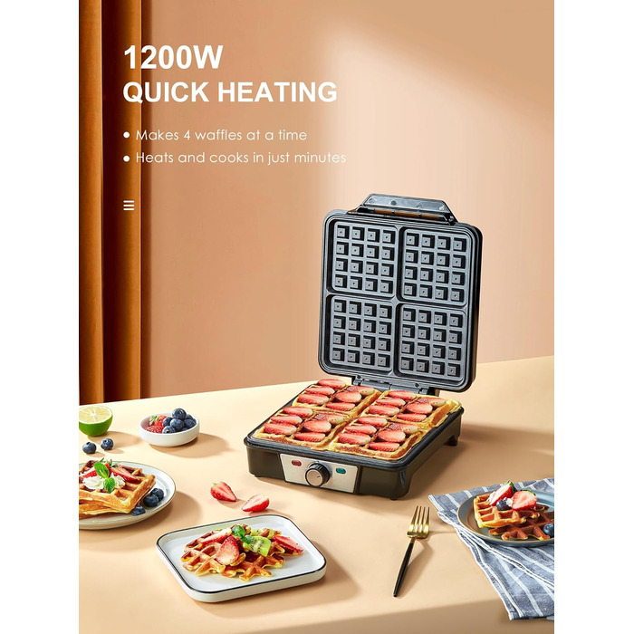 Reemix 4-Waffle Belgian Waffle Maker - 1200W Electric with Non-Stick Plates, Adjustable Temperature & Easy Cleaning, Stainless Steel