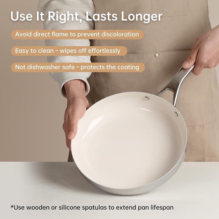 Набір антипригарних сковорідок Tjean з керамічним покриттям (без PTFE, PFOA, PFAS) з нержавіючою ручкою, підходить для індукційних, газових, електричних плит та духовки до 280°C (кремово-білий, 20+24+28 см)