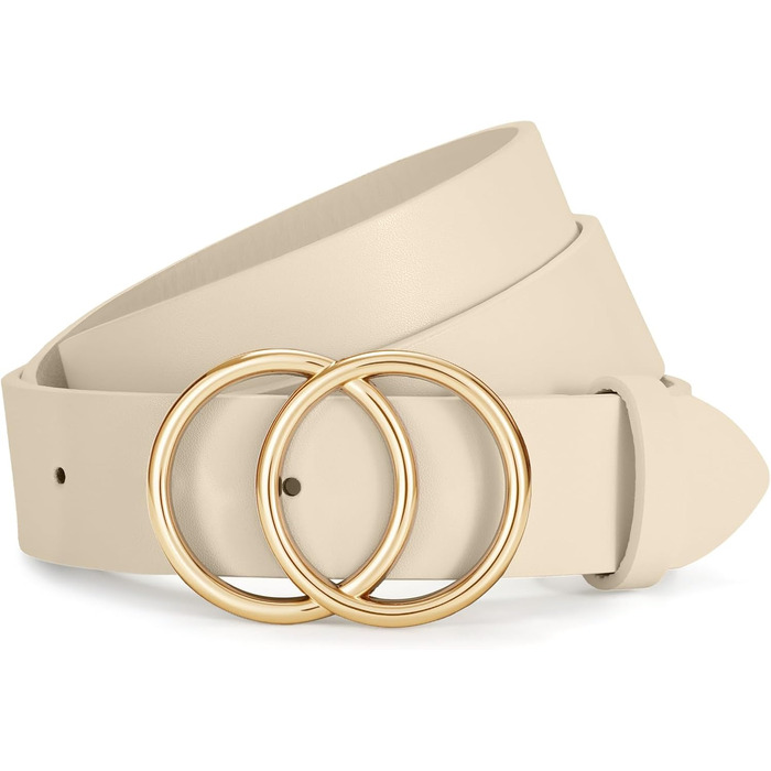 Жіночий шкіряний ремінь JasGood з подвійною кільцевою пряжкою для джинсів, штанів та суконь (бежевий, L:130см, обхват талії 96-105см)