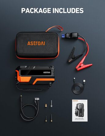 Powerbank AstroAI MF16 6000A з компресором 150PSI: старт для авто, мото, SUV (12V, 10L бензин/8L дизель), LED-дисплей, оранжевий