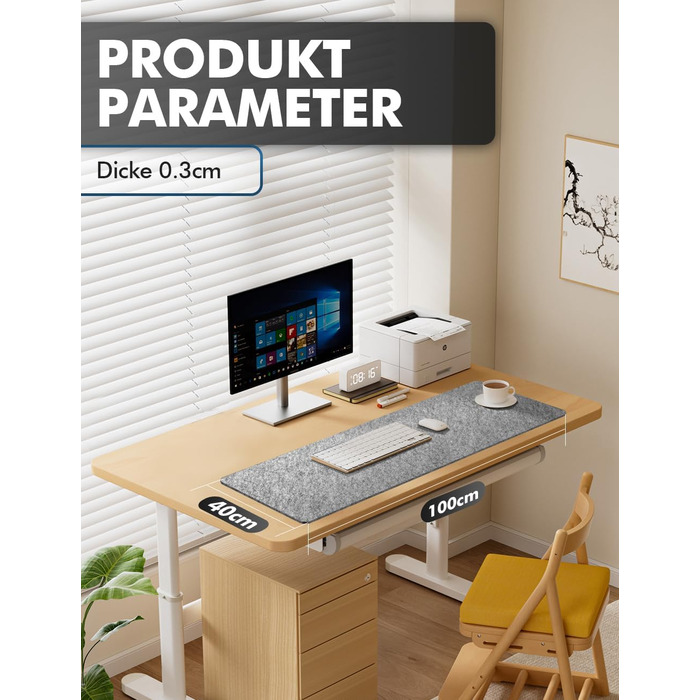 Підкладка для столу з фетру, 100x40 см, сіра. Захист столу для офісу та дому. Нековзна килимок для робочого столу.