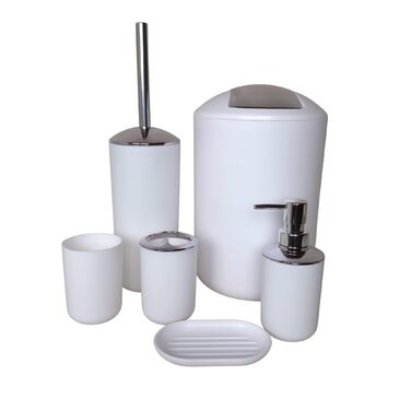 Набір для ванної кімнати 6 предметів, аксесуари для ванної кімнати з пластику, білий колір: унітаз з йоржиком, відро для сміття, стакан для зубних щіток, дозатор для мила та мильничка