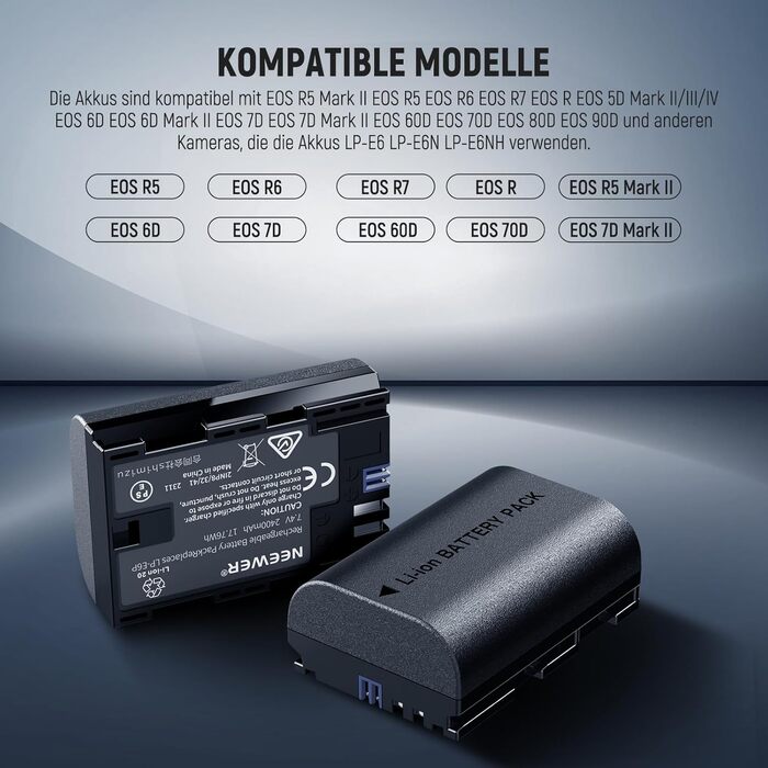 NEEWER Запасний акумулятор LP-E6NH та зарядний пристрій USB, комплект 3 шт. 2250mAh, сумісний з Canon EOS R7, R5, R6, R6 II, R, 5DIV, 6DII, 7DII, 80D, 90D