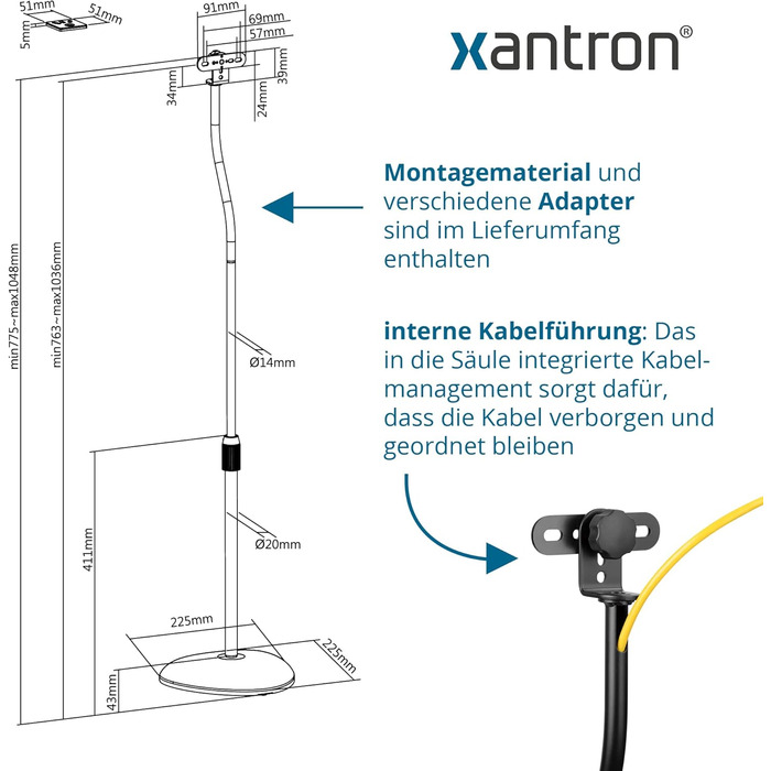 Підставка для колонок Xantron® ECO-SS05: регульована висота до 103 см, з антиковзким покриттям та прихованою прокладкою кабелю, комплект з кріпленням