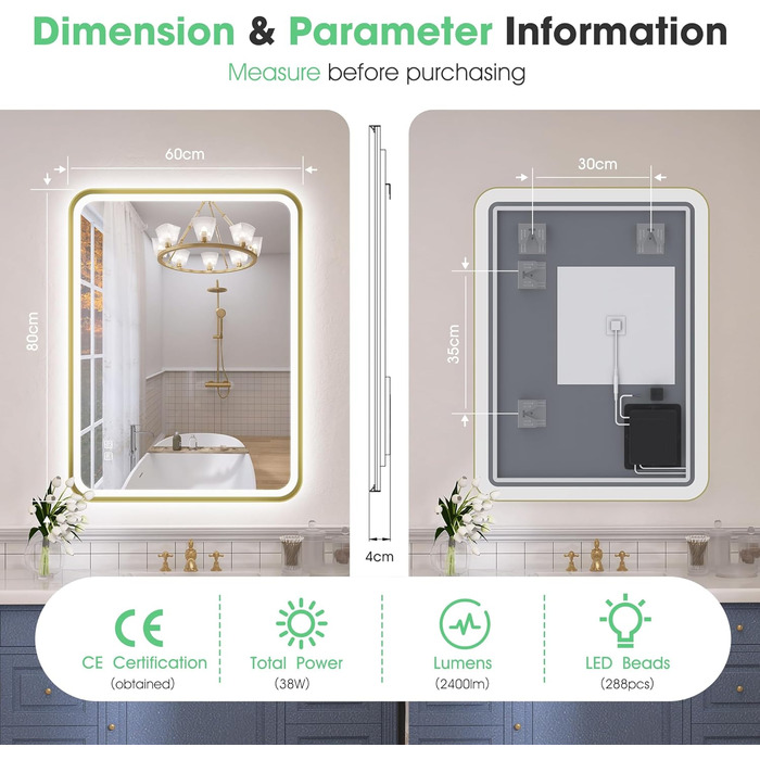 Дзеркало для ванної кімнати S'bagno з підсвічуванням 100x70 см, алюмінієва рама, антизапарник, 3000-6500K, пам'ять, IP44, горизонтальне/вертикальне, чорне