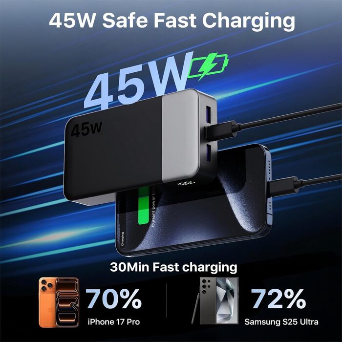 Power Bank NOBIS 20000mAh 45W Чорний: швидка зарядка USB-C/USB-A, цифровий дисплей, режим для малопотужних пристроїв