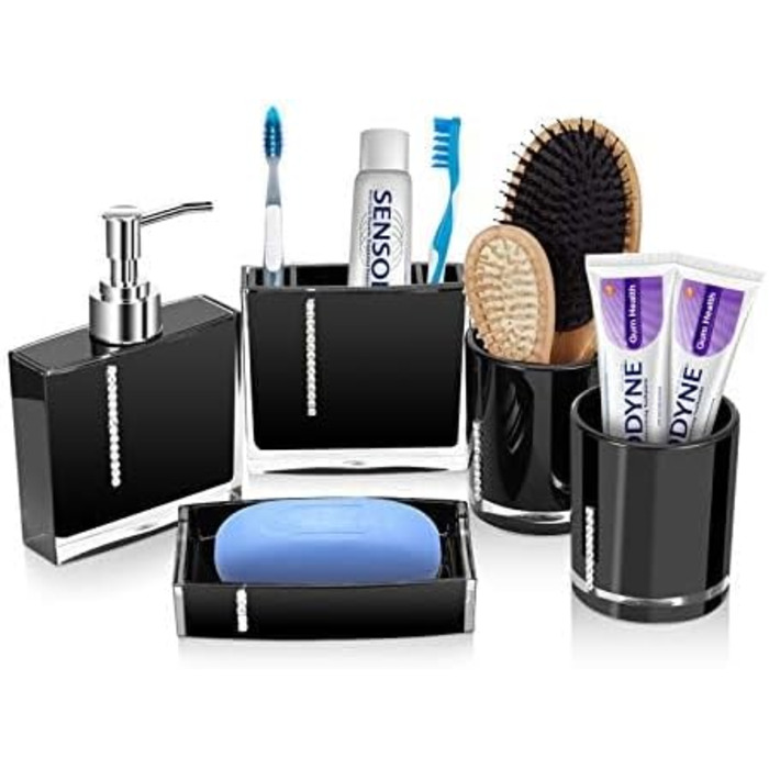 5-Piece Bathroom Accessories Set, Bathroom Dispenser Set includes lotion bottle, toothbrush holder, tray, 2 rinsing cups (black)