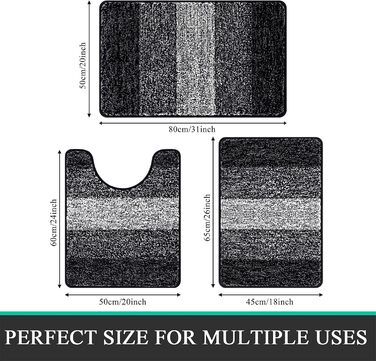 Enyhom 3-Piece Microfiber Bath Mat Set - Non-Slip Bathroom Rugs & Toilet Lid Cover - Soft & Washable (Black, 45x65cm, 50x80cm, 50x60cm)