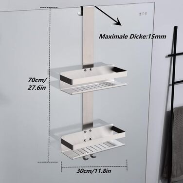 HomeHeng Hanging Shower Caddy, 2-Tier Hanging Shower Shelf Brushed Nickel, SUS304 Stainless Steel Double Shower Basket with Hooks for Glass Shower Enclosure, H30BN-2DH