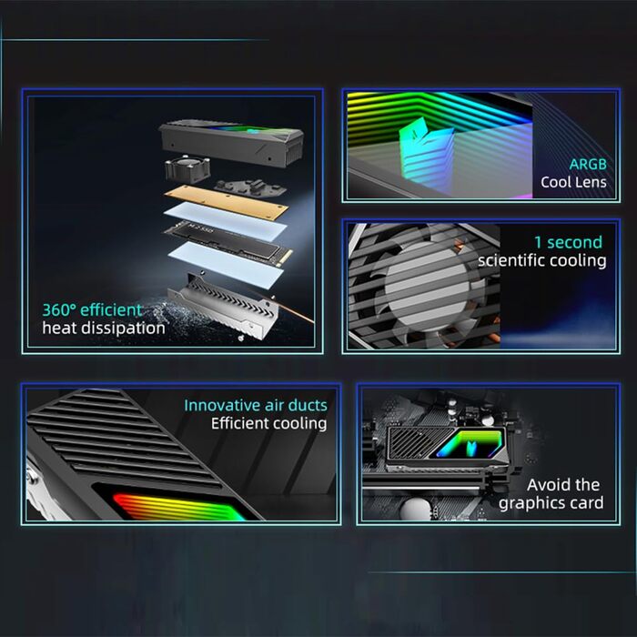SSD-накопичувач M.2 2280 з RGB-підсвічуванням та охолодженням, преміум-алюмінієвий дизайн, ефективний теплорозсіювач, з термопрокладкою (чорний)