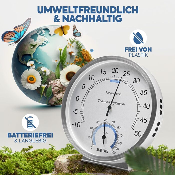 MAVORI® 2-in-1 Stainless Steel Thermometer & Hygrometer | Analog Hygrometer & Thermometer | Humidity Meter & Room Thermometer for a Healthy Indoor Climate | Ø 12.5cm