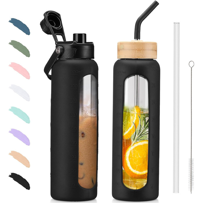 BLUEGO Glass Water Bottle 900ml Sport Water Bottle with 2 Lids and Straw Leak-Proof Glass Bottle with Time Marker and Measuring Scale BPA Free, Black