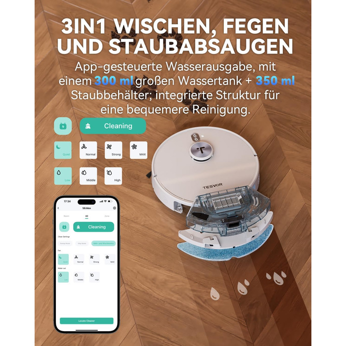 Робот-пилосос Tesvor S8MAX 3-в-1 з функцією миття підлоги, 8000Pa, LiDAR-навігація, 240 хвилин роботи, керування через додаток/Alexa, самостійна вивантаження сміття, 2.5L, для великих приміщень та домогосподарств з тваринами