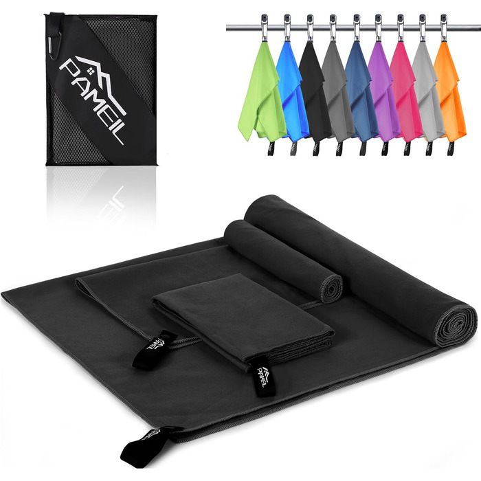 Набір рушників з мікрофібри Pameil (3 шт.): великий (160x80 см) + 2 маленькі (80x40 см), швидковисихаючі, для подорожей, фітнесу, сауни (чорний)