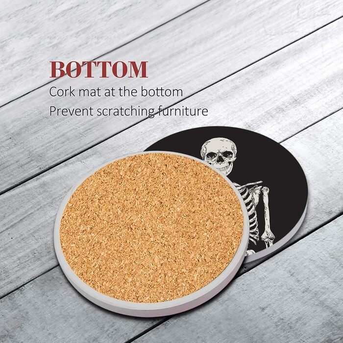Britimes Drink Coasters, Set of 6, White Marble, Inspiring Love, Absorbent, Round, Ceramic-Stone Mat, with Cork Bottom and Metal Holder, Housewarming Gift, Bar, Decor (Skeleton)