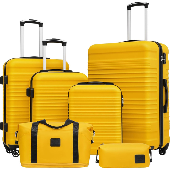 Набір валіз COOLIFE 6 шт: дорожній набір 16', 20', 24', 28' + сумка та косметичка | ABS, 360° колеса, TSA-замок для Європи, круїзу та навчання за кордоном – необхідне для сімейного відпочинку. Білий/Коричневий (Набір валіз 6 шт, Жовто/Чорний)