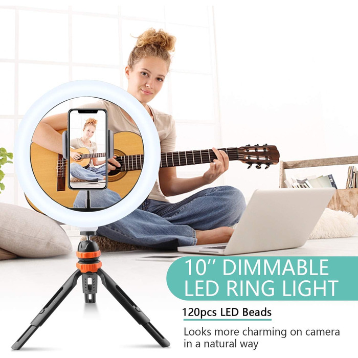 LED кільцева лампа з штативом для телефону 26 см (10 дюймів) - 3 режими світла, 11 рівнів яскравості, регульована, для селфі, макіяжу, стрімінгу