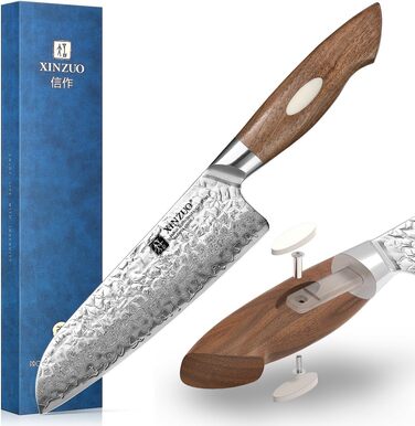 Японський кухонний ніж XINZUO Santoku з дамаської сталі (AUS-10) - професійний ніж шеф-кухаря з чорним дерев'яним руків'ям з горіха