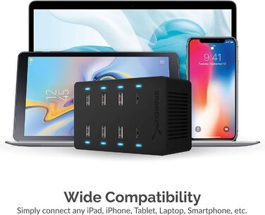 Зарядний пристрій Sabrent USB 60W 10 портів, станція швидкої зарядки з мережею для MacBook, USB-C ноутбуків, iPhone, Samsung Galaxy (AX-TPCS)