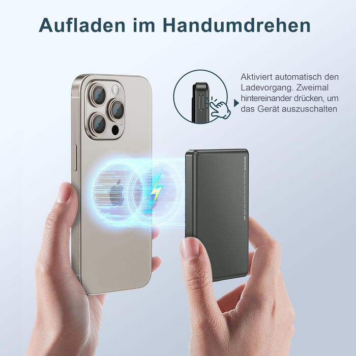 Power Bank NOHON Mag-Safe 5000mAh: Бездротовий акумулятор з магнітним кріпленням, 20W, USB-C, для iPhone 17/16/15/14/13/12 Pro/Pro Max (Грашко-чорний)