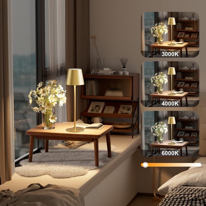 LED настільна лампа K-Bright з регулюванням яскравості, акумуляторна, бездротова, 3000K/4000K/6000K, 3 колірні температури, USB-C, IP54, чорна