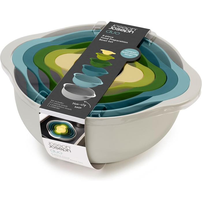 Joseph Joseph Duo 6-Piece Compact Food Preparation Set with Mixing Bowls, Measuring Cups & Sieve, Multi-Color