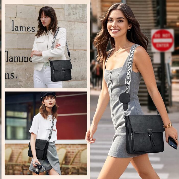 Сумка жіноча RAINSMORE через плече середнього розміру, шкіряна PU, чорна. Кросбоді сумка з широким ременем